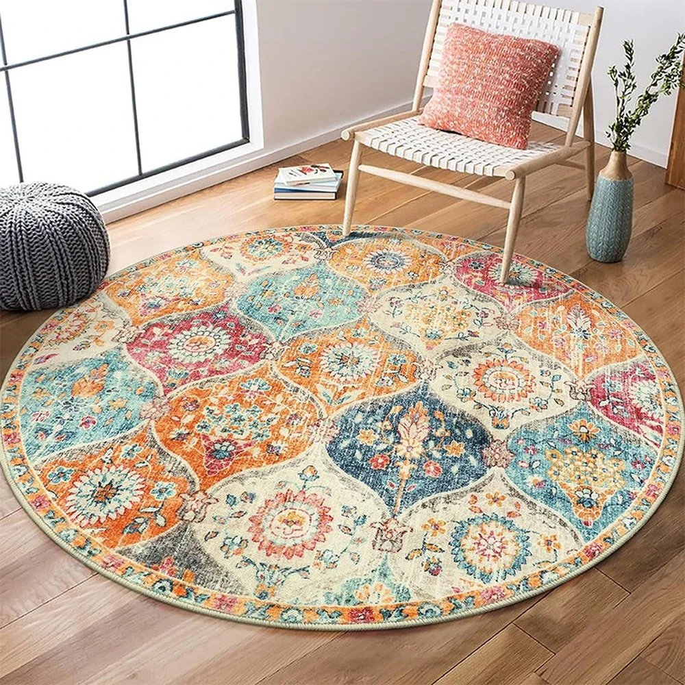 Bohemian Round Carpet for Living Room Bedroom Anti Slip Super Soft Area Rug Meeting Room Kid Room Vintage Foldable Floor Mat