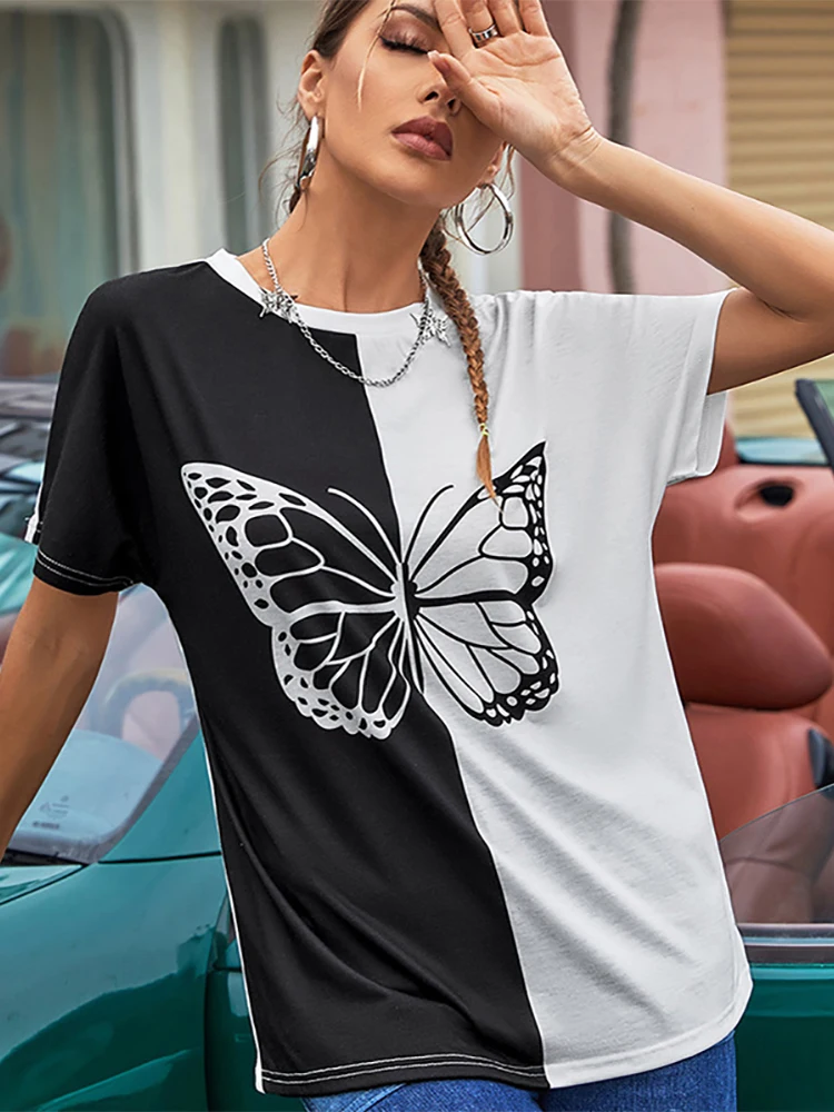 Fashion Women's T-shirt Casual Black And White Butterfly Print Top Loose Short Sleeve Harajuku T-shirts Basic O Neck Tops New summer crop top Tees