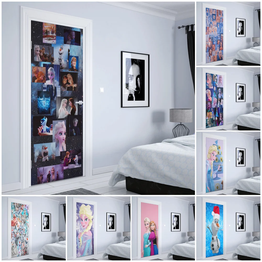 Disney Frozen Elsa Anna Olaf Nursery Kids Room Door Sticker Estetica Wall Decor Pictur Door Decoration Wall Sticker Home Decor