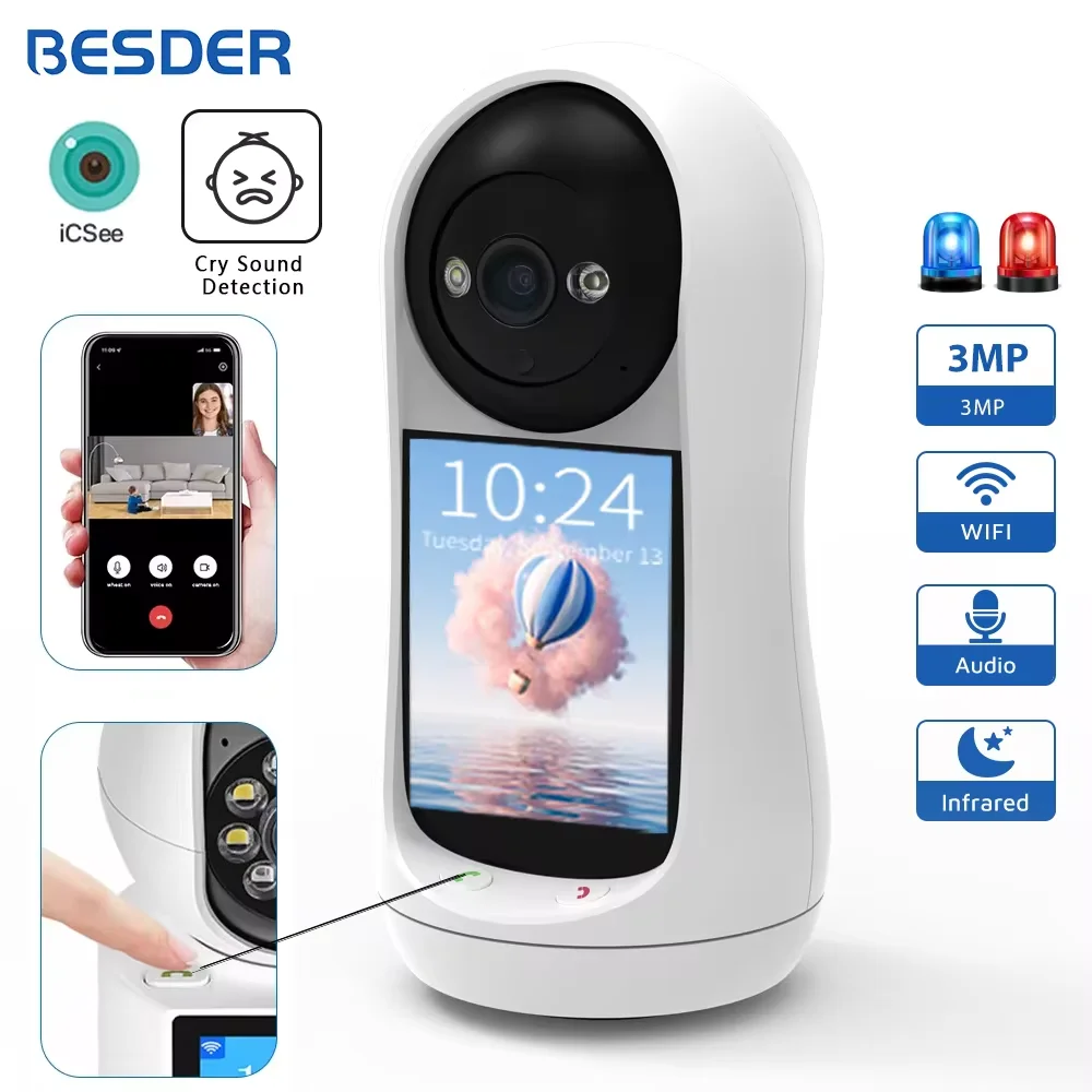 BESDER 3MP PTZ Wifi Camera Video Call with Inch IPS Screen