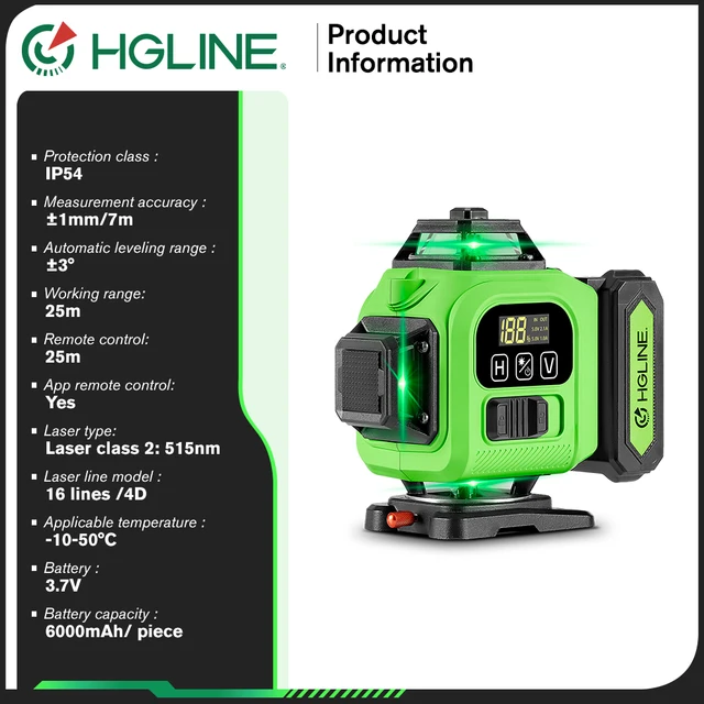 HGLINE 16 Lines Laser Level Professional 4x360° Cross Horizontal Vertical Levels Machine APP Remote Control Laser Level Tool 5