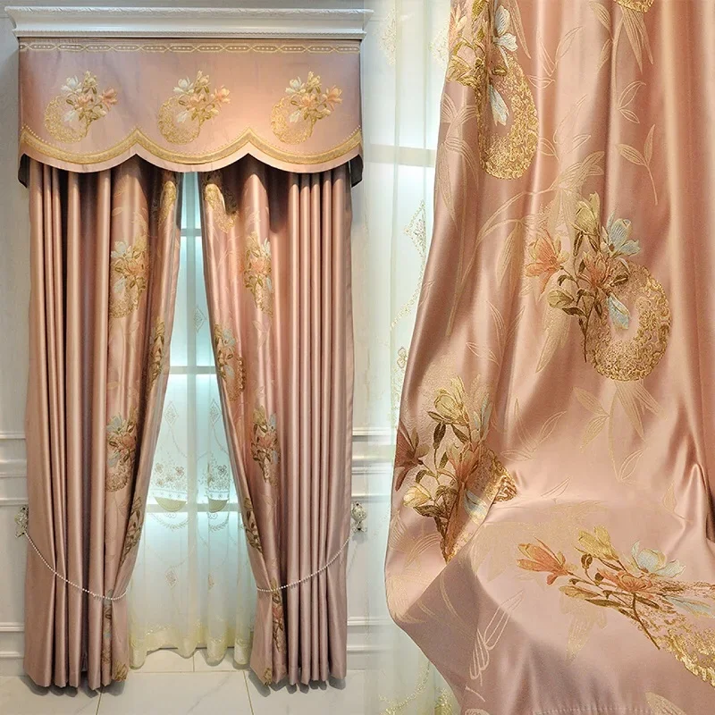 

Custom Size European Embroidered Pink Luxury Curtains for Bedroom Living Dining Room Blackout Jacquard Princess Tulle Valance