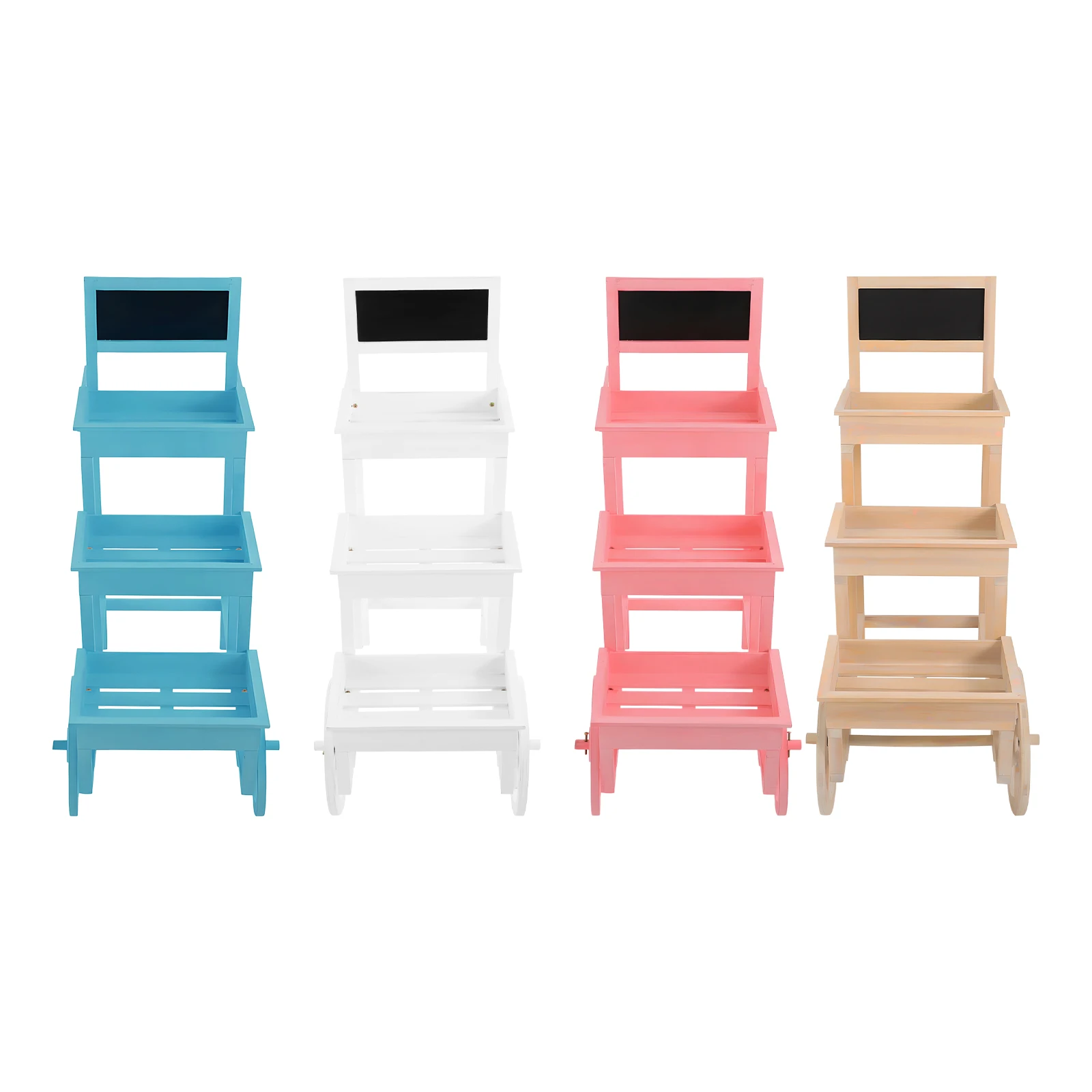 3-Tiered Flower Cart Display Stand with Wheels, Plant Flower Rack with Blackboard, Stand Blue/Pink/White/Wood Color