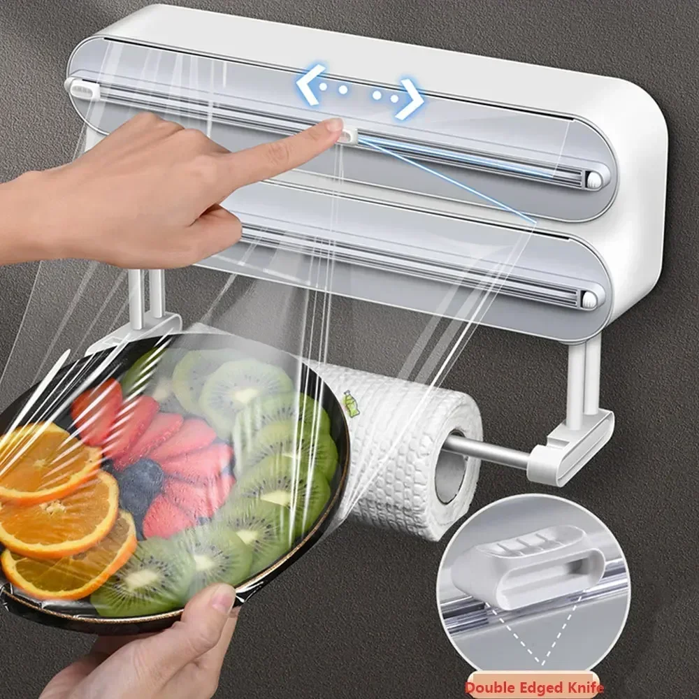 3in1 Plastic Wrap Dispenser Cling Film Dispenser Cutter Kitchen Aluminum Foil Baking Paper