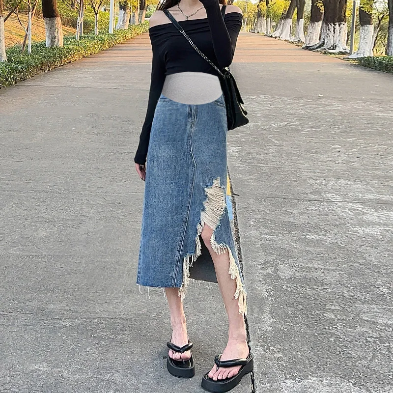 Fashion Maternity Denim Skirts High Waist Back Split Pregnant Woman A-Line Skirts Vintage Ankle-length Pregnancy Pencil
