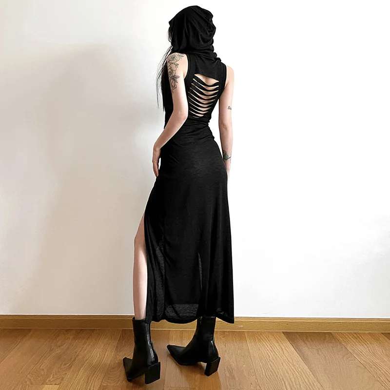Goth Dark Cyber Gothic Desert Walker Hooded Dresses Y2k Punk Grunge Hollow Out Midi Dress Women Sexy Split Side Solid Streetwear 5