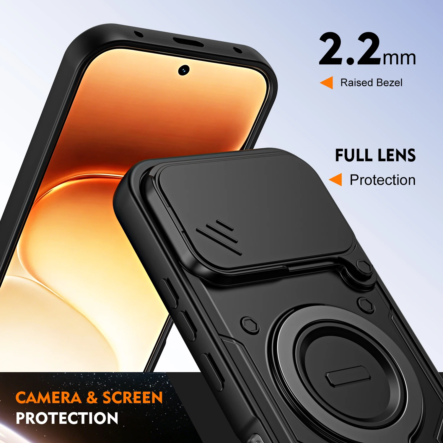 Dual-Function Dropproof Protective Case with Sliding Lens Cover and Metal Ring Bracket