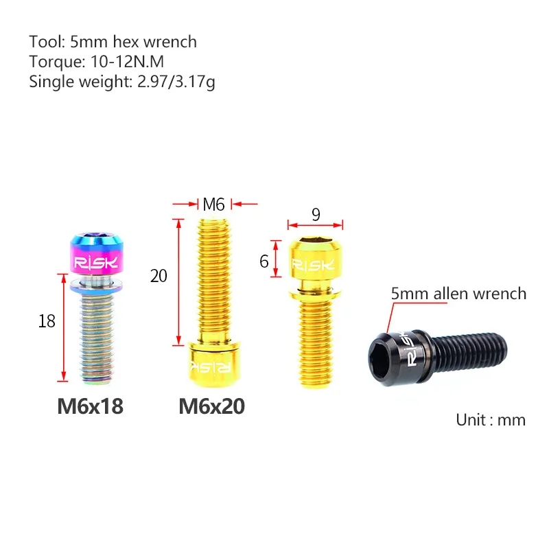 RISK 티타늄 합금 산악 자전거 디스크 브레이크 고정 볼트 나사, MTB 자전거용 와셔 포함, M6x18mm, M6x20mm, 4 개