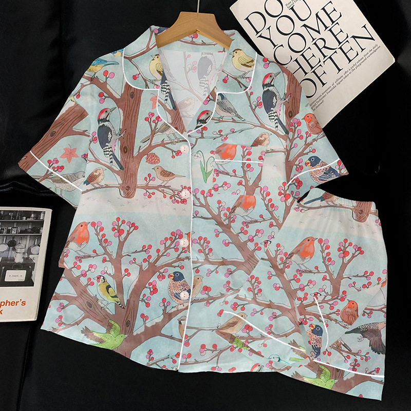 Niche Light Luxury Ice Silk Pajamas Women's Summer New Rustic Bird Print Short-Sleeved Shorts Set of Homewear Summer Clothing