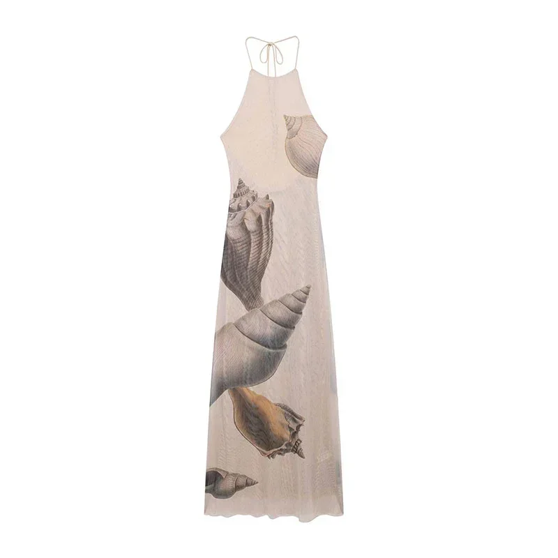 Vestidos largos de tul con espalda descubierta y estampados para mujer, vestidos de fiesta sin mangas con cuello halter y cordones, moda 2025, batas ajustadas para vacaciones en la playa.