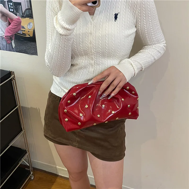 Simple Versatile Clip Evening Handbags for Women Solid Color Rivet Pleated Design Ladies Clutch Female Soft Pu Leather Purse - 4