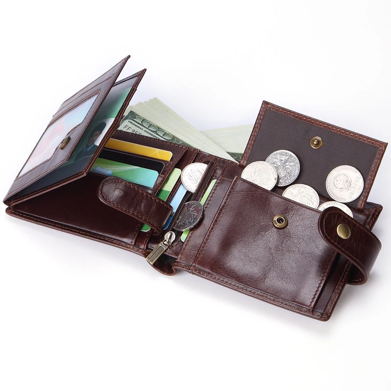 Genuine Leather Wallet for Men Classic Black Soft Purse Coin Pocket Credit Card Holder Vintage Short Card Wallets with Zipper