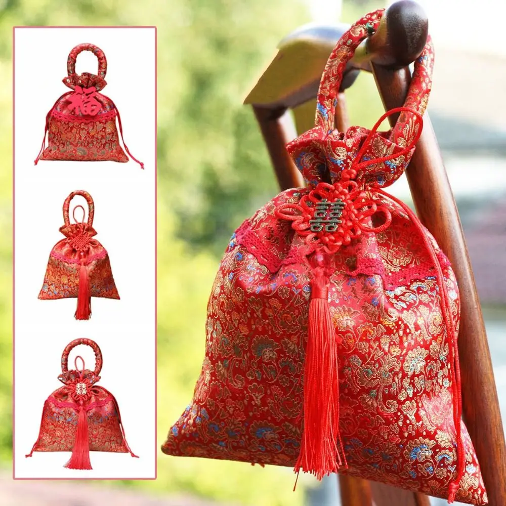 Sweet Chinese Style Flower Drawstring Bag Wedding Party Festive Sugar Bag Candy Storage Red Pocket New Year Bucket Bag Party