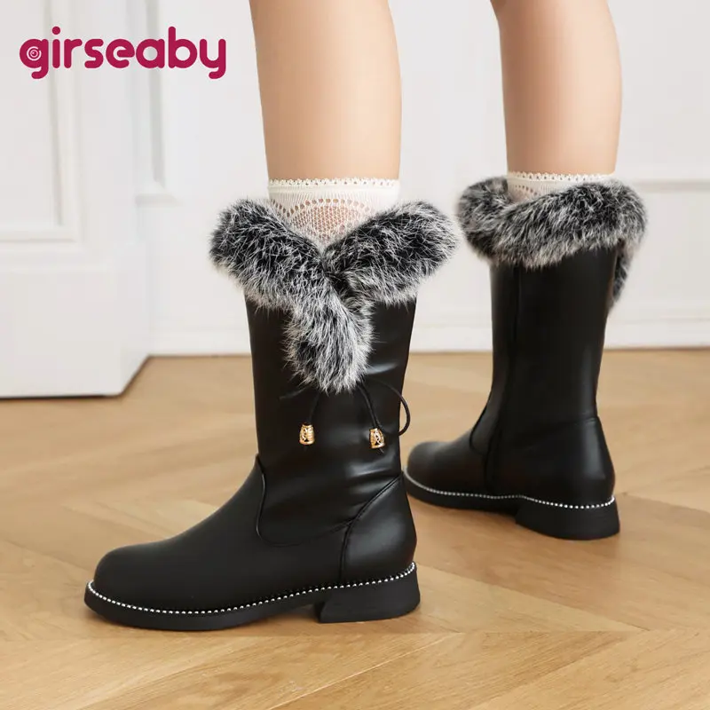 

Girseaby Female Winter Snow Boots Round Toe Thick Heel 3cm Zipper Metal Decoration Small Size 28 29 Sweet Girl Warm Plush Bota