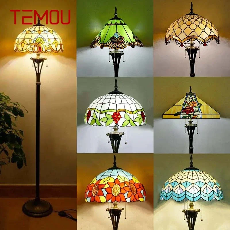 TEMOU  플로어 램프, 아메리칸 레트로 거실 침실 램프, 컨트리 스테인드 글라스 플로어 램프