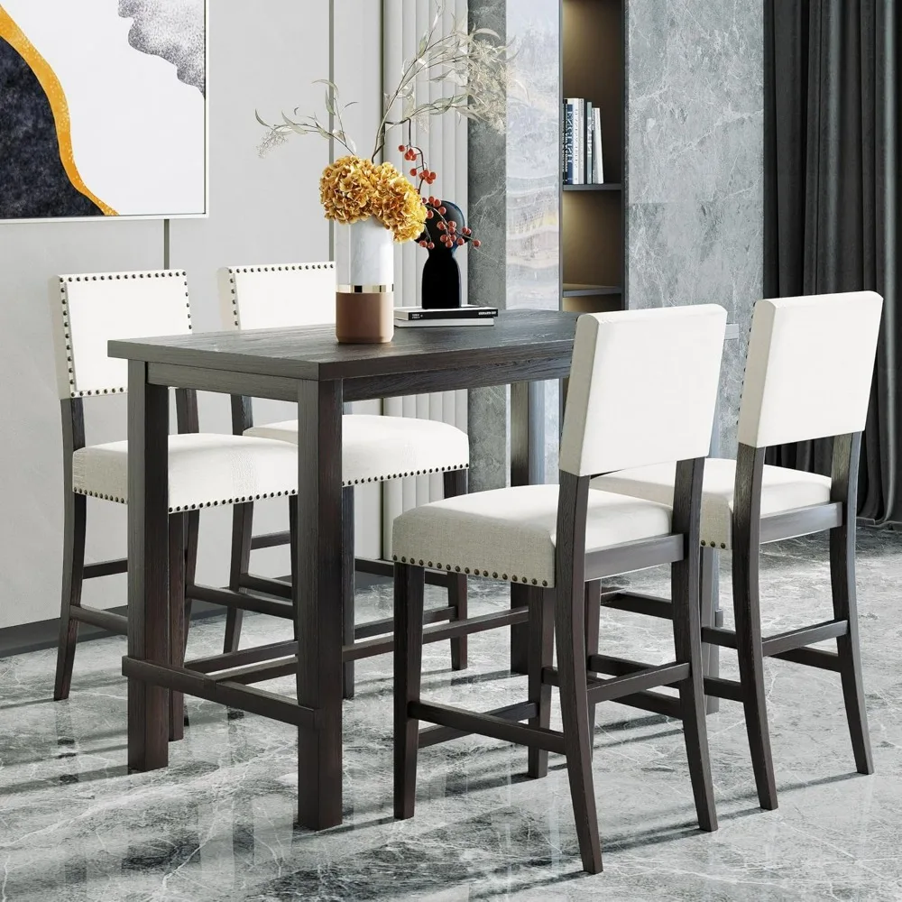 5 Piece Counter Height Dining Set for 4 Person Include Classic Elegant Solid Wood Table and Four Padded Backrest Chairs