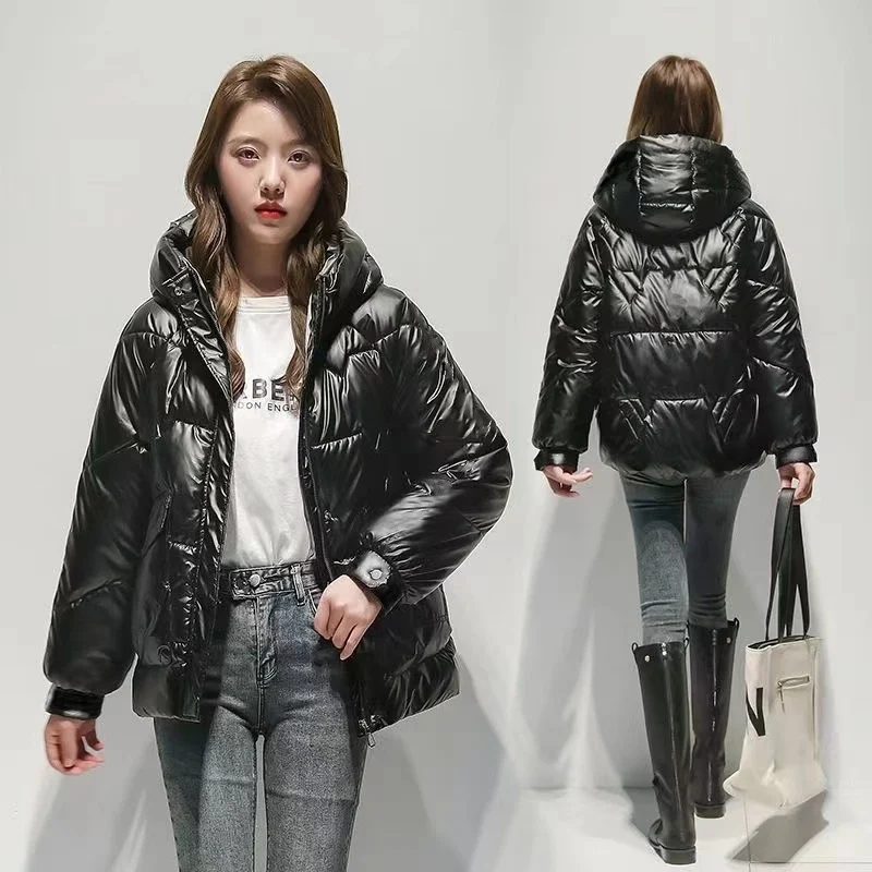 2023 New Glossy Down Cotton Jacket Women Winter Loose Hooded Thicken Warm Outwear Casual Female Parkas Overcoat