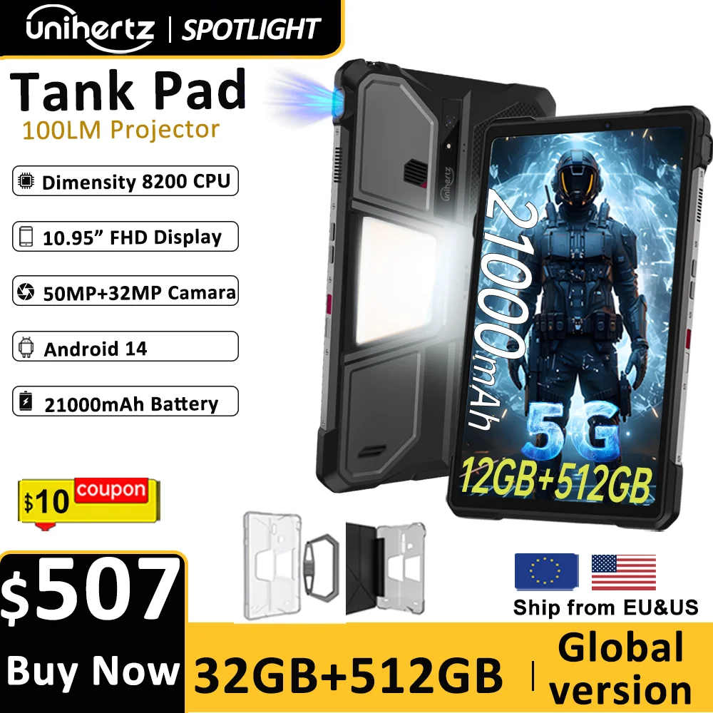 Unihertz Tank PAD Phone with Projector 8849 Rugged Tablet Dimensity 8200 Android 32GB 512GB 21000mAh 10.95" FHD 5G 66W Tablet