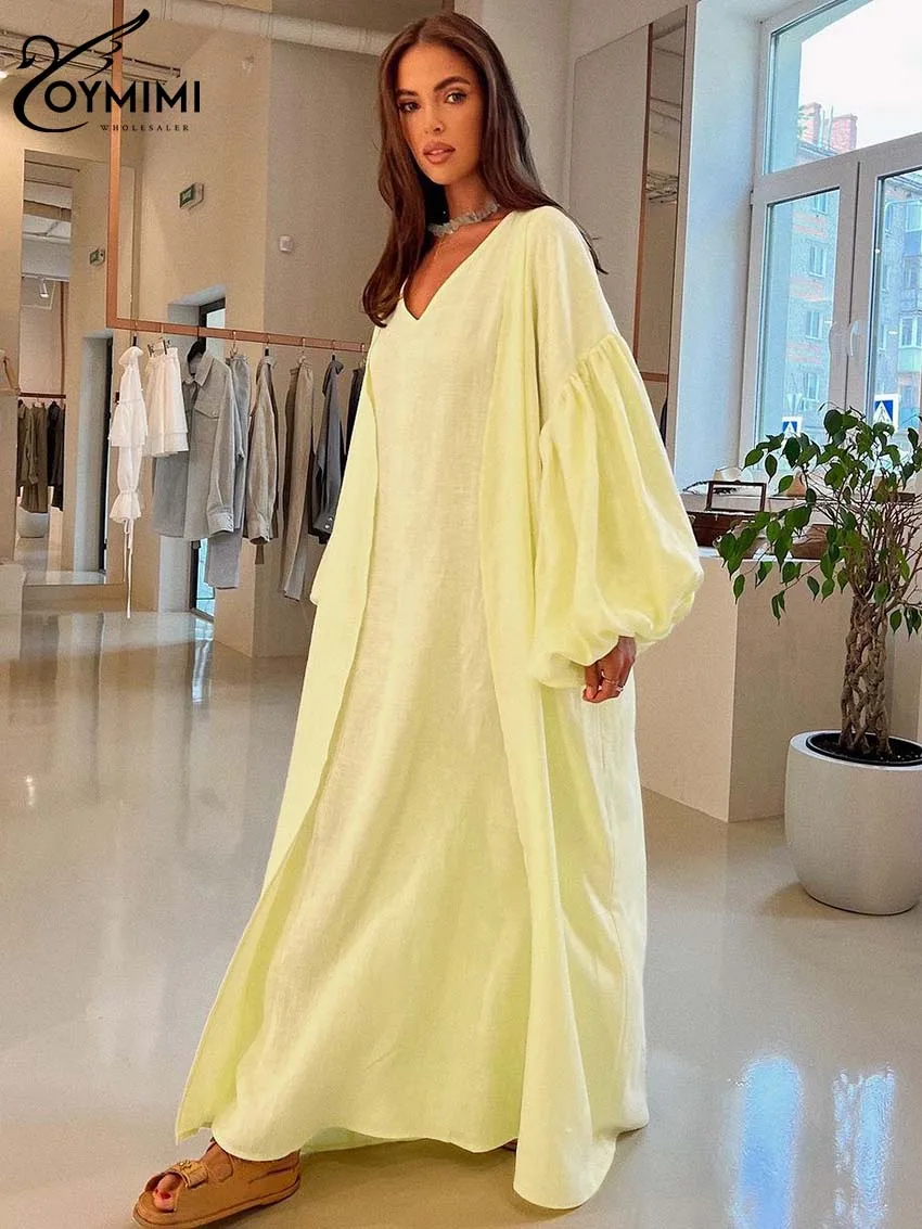 Oymimi Elegant Yellow Cotton Hemp 2 Pc Sets Womens Outfits Casual Puff Sleeve Robe And V-Neck Sleeveless Floor-Length Dress Sets 2023 spliced slim fit women s round neck sleeveless hollow out milk silk solid color bodysuit women length lyrical dress