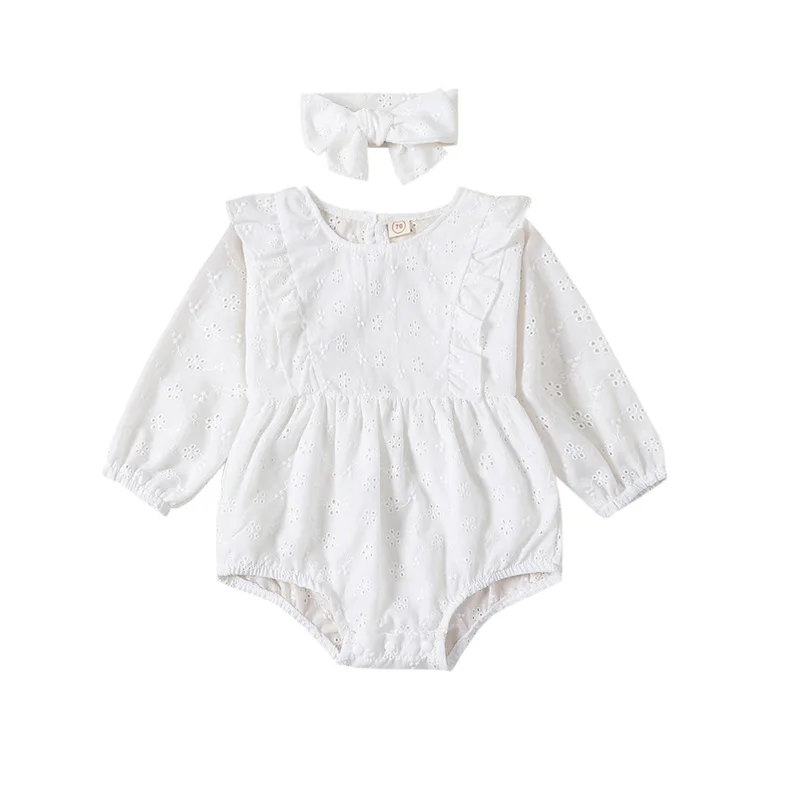 

0-18M Infant Baby Girl Jumpsuit Outfits Eyelet Jacquard Ruffled Long Sleeve Round Neck Romper + Bow Headband Toddler Clothes