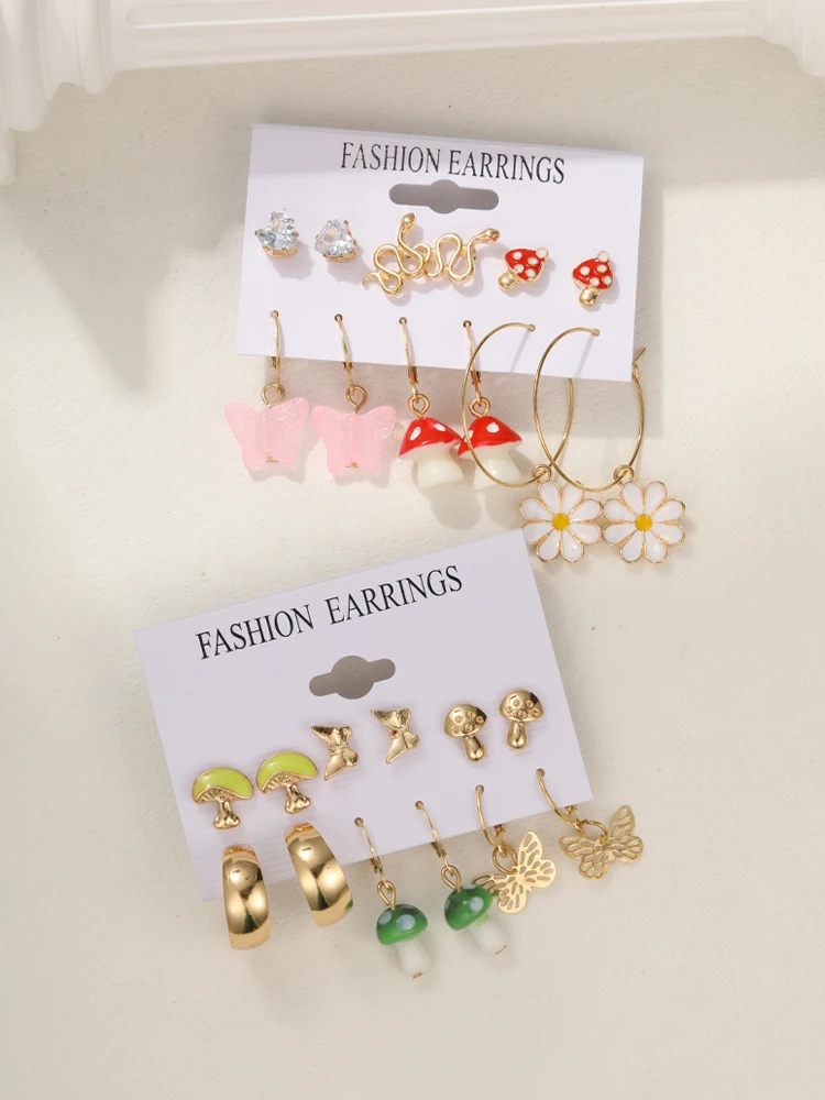Fashion Gold Color Earrings Set for Women Creative Mushroom Butterfly Hoop Earrings 2024 Boho Geometric Earrings Punk Jewelry
