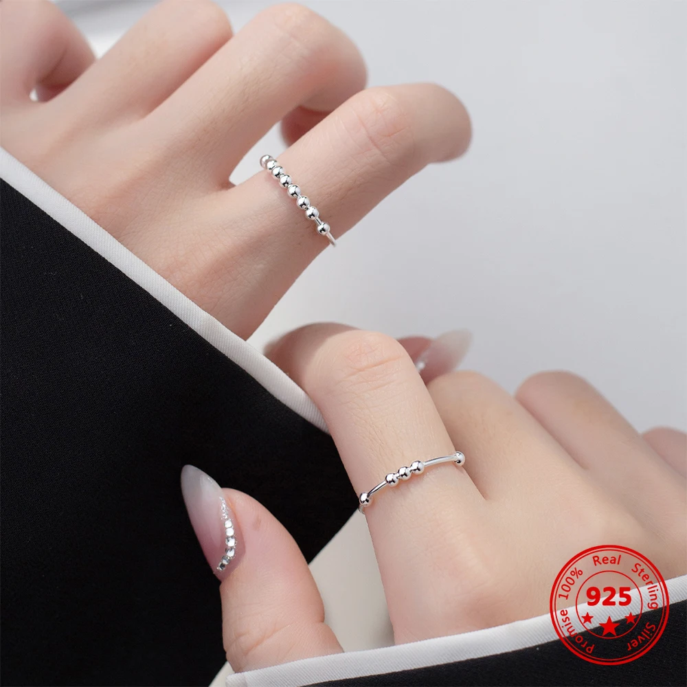925 Sterling Silver Fidget Beads Adjustable Ring For Women Men Rotate Freely Anti Stress Anxiety Fashion Jewelry