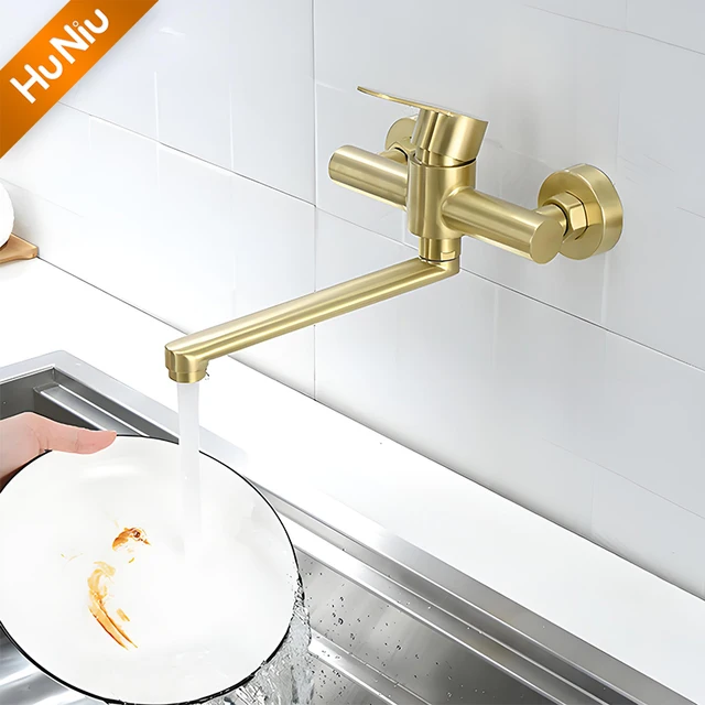 HuNiu Gold ก๊อกน้ําห้องครัวสแตนเลส 304 ก๊อกน้ําติดผนังห้องน้ําก๊อกน้ําหมุนก๊อกน้ําห้องครัวปกปิดก๊อกน้ําสีดํา 1