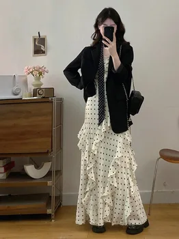 plus Size Retro American Style Suit Jacket Women Elegant Polka Dot Lace Trim Dress Two Piece Set Fashionable Casual Outfit