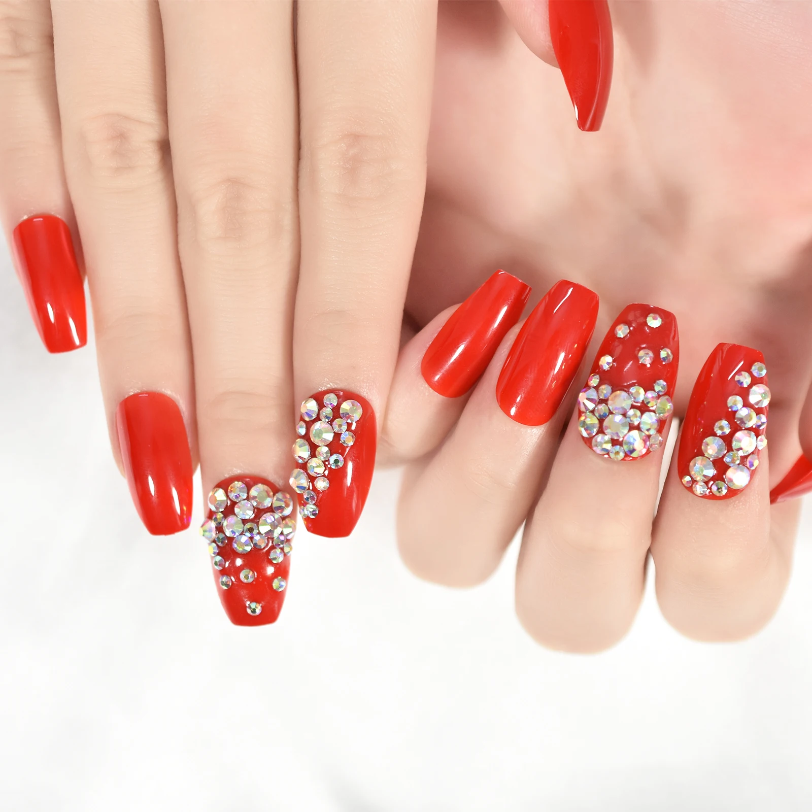 Short Red Press On Nails With Rhienstone Fingernails Fake Nails Art Glossy Manicure  Diamond Nails Sexy Attracting Eye Catching| | - AliExpress