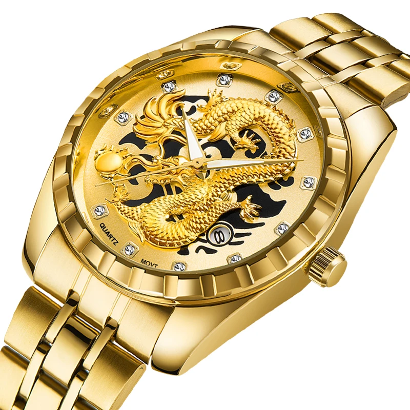 Wlisth Mens Watch 3d Golden Dragon Original Quartz Watch For Man Dragon Dial Waterproof Luminous Date Stainless Steel Watches, Alina Gadgets