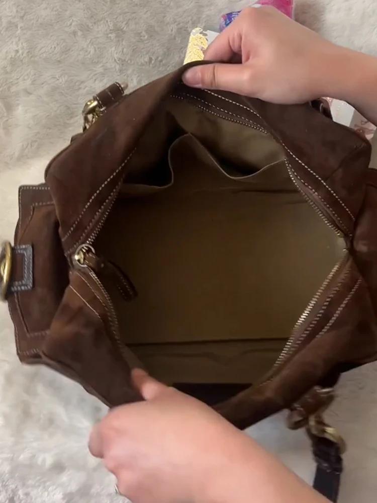 Suede Crossbody Shoulder Bag Women Vintage Boston Bowling Tote Bag Retro Pleated Versatile Commuter Zipper Square Handbag