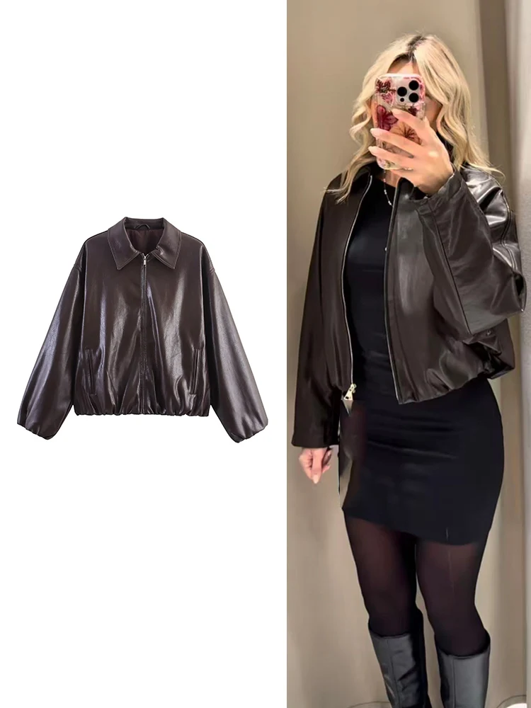 PU Leather Jackets For Women Fashion Streetwear Zipper Bomber Jacket Coats Autumn New Casual Loose Lapel Bomber Outerwear