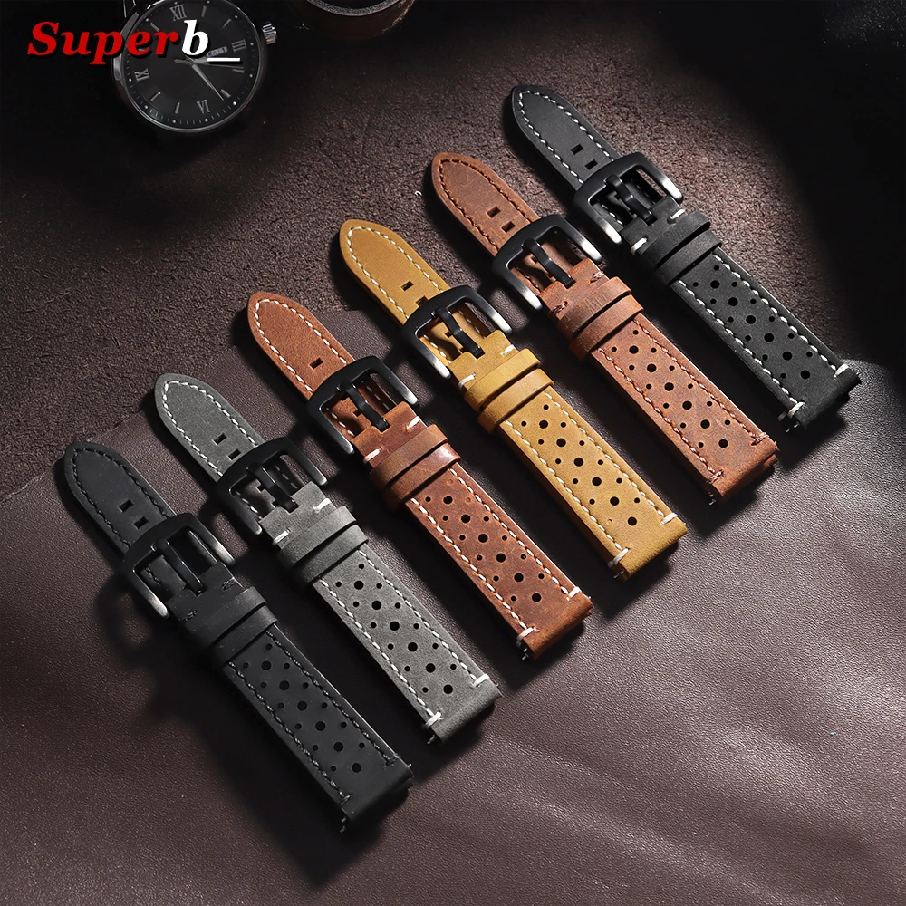 Vintage Brown Handmade Cowhide Leather Strap - Quick Release Breathable Porous Watch Band