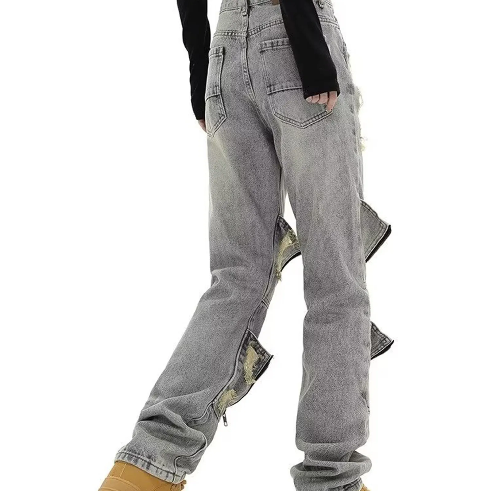 Vintage Ripped Loose Personality Denim Pants Men's High Street Fashion Straight Leg Jean Denim Pants Men Stretch Trousers