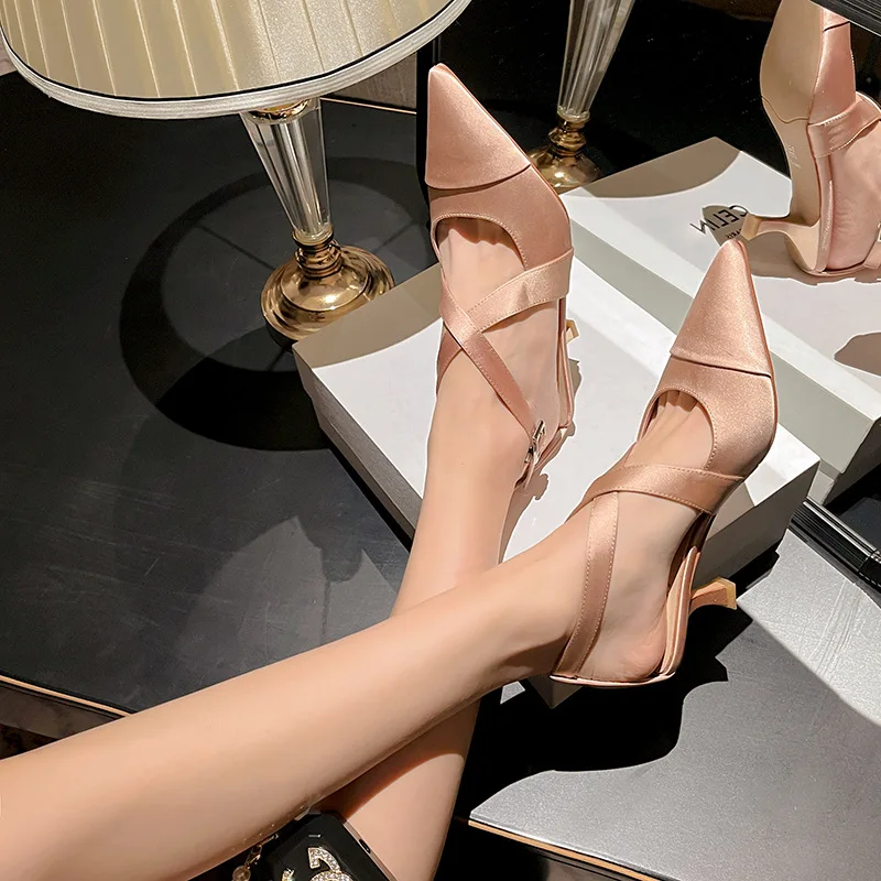 

Pointed Toe Women Sandals Buckle Strap Shoes Fashion Black Fine Heel Female Pumps Summer Solid Color Zapatos Mujer