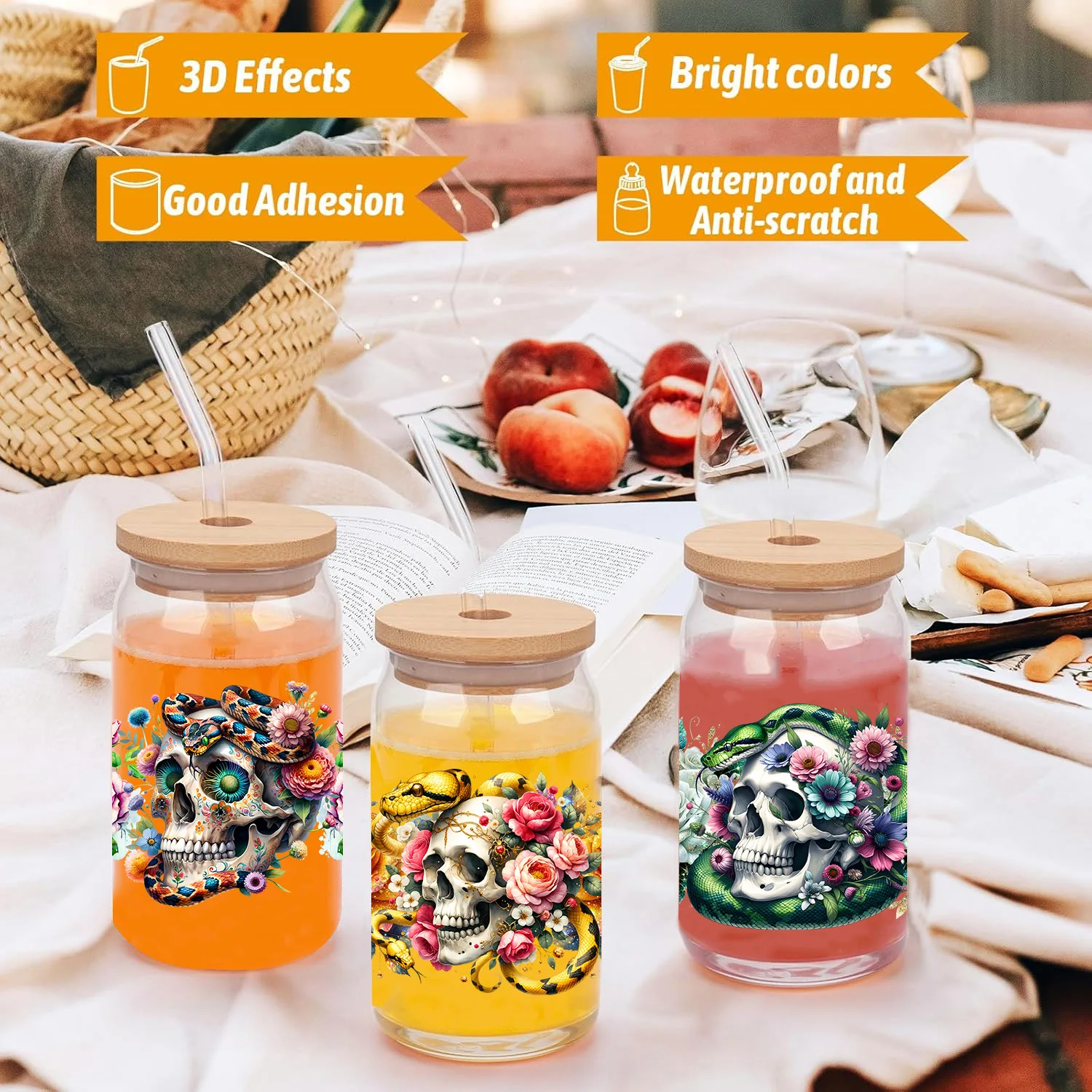 Skull Series easy peel waterproof DIY Decals Retro Beauty 3D transfers uvdtf crystal sticker 16oz uv dtf cup wraps