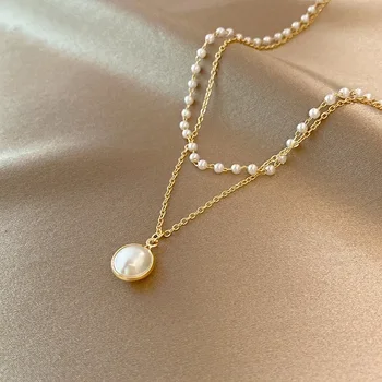 2025 New Women's Pearl Necklace Kpop Gold Color Beads Pendant Necklaces Goth Double Layer Chain Choker for Women Fashion Jewelry 3