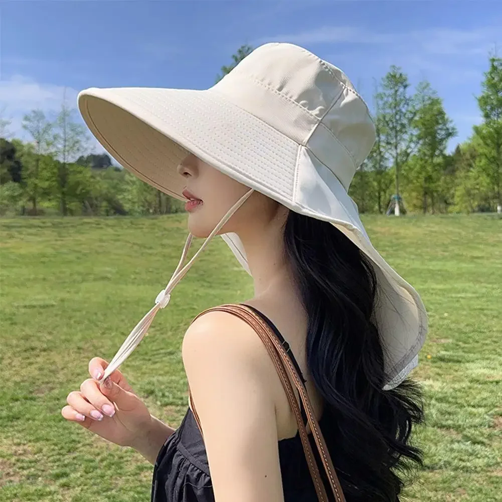 Summer Large Brim Sun Hats For Women Outdoor UV Anti Neck Protection Sun Visors Lady Fishing Hiking Shawl Sunscreen Cap