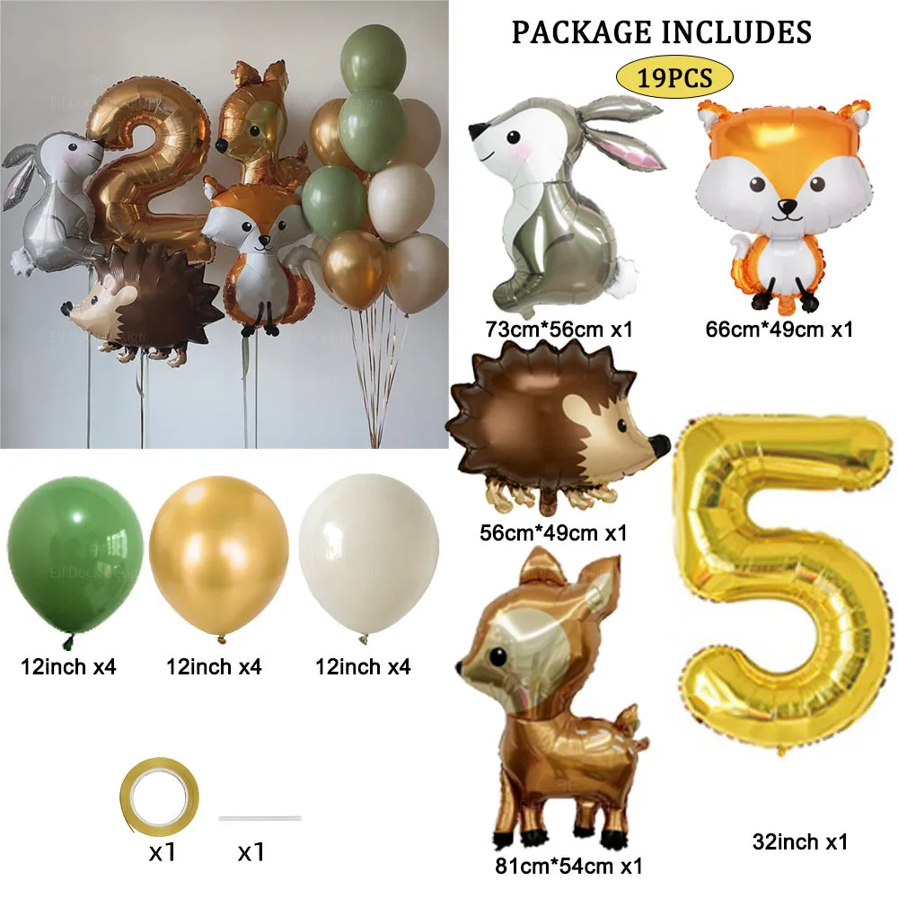 Hedgehog Deer Fox Rabbit Balloon Set Gold Number Balloon For Boy's Woodland Animal Happy Birthday Party Decorations Kids Gifts