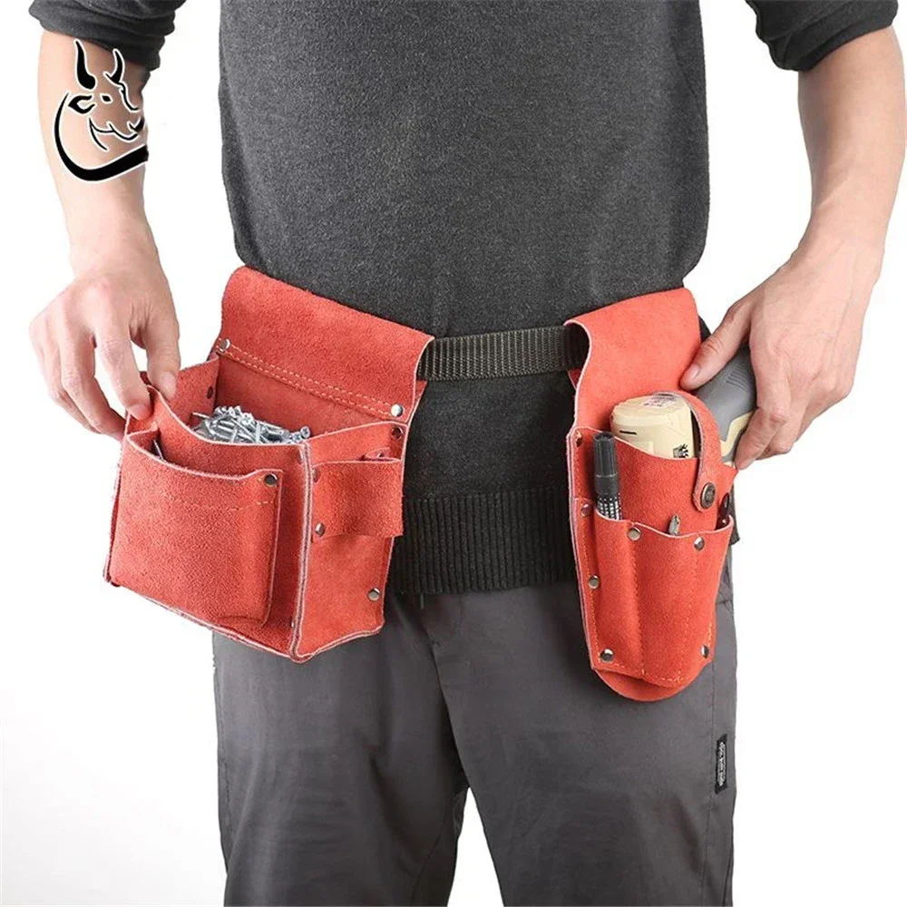 Vintage Leather Electric Drill Storage Bag Multi-pocket Tool Waist Bag for Belt Makita Electric Wrench Electric Screwdriver 3