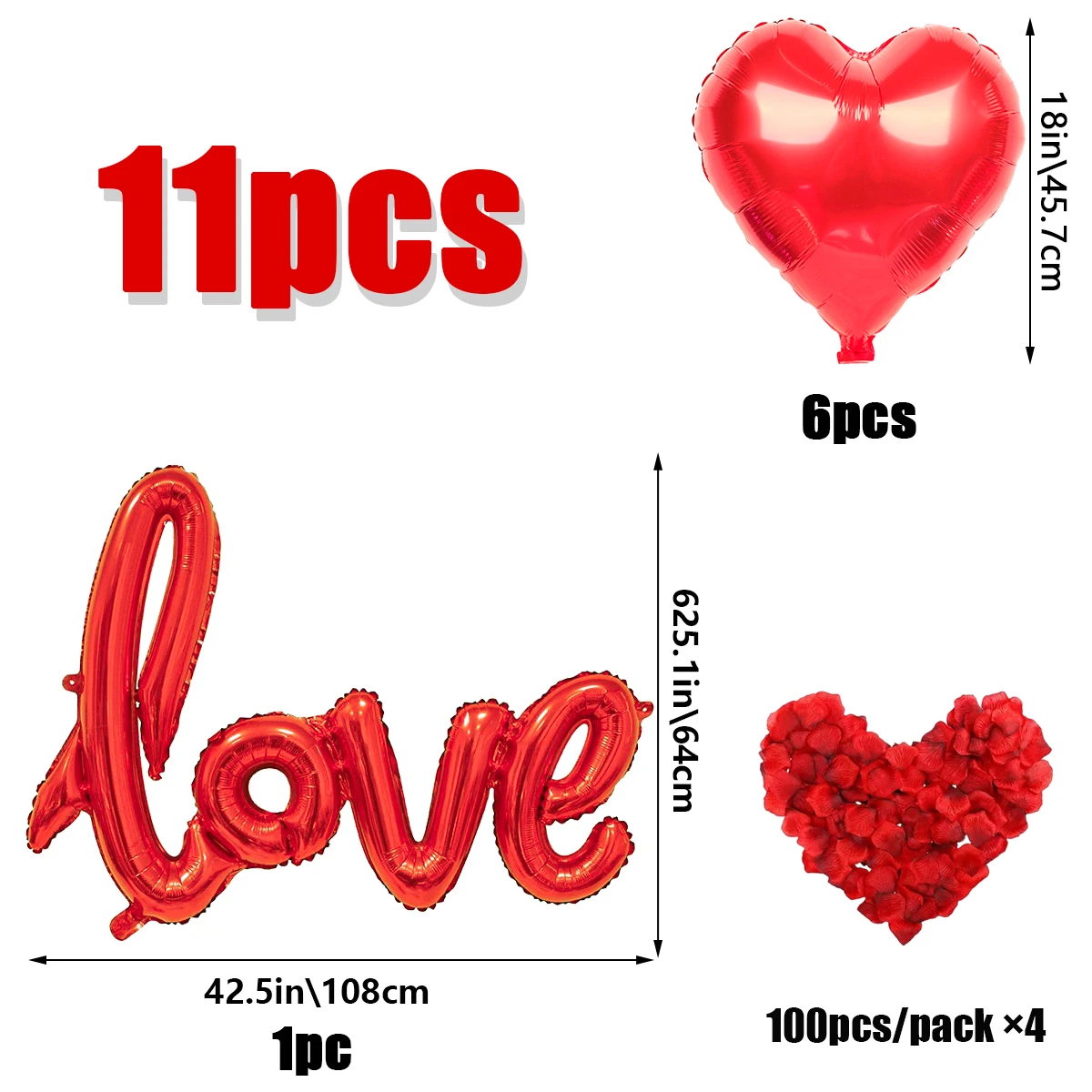 thumbnail image 1 of Juego de 407 globos con letras "Love" rojas, globos con forma de corazón de 18 pulgadas con pétalos de rosa para fiestas de San Valentín, decoración de aniversario, 1 of 6