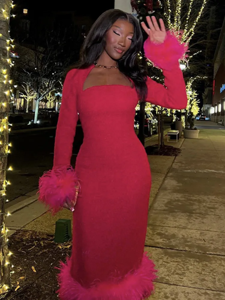 

Women Winter Sexy Long Sleeve Feather Hot Pink Black Midi Bodycon Bandage Dress 2022 Elegant Party Stage Performance Dress