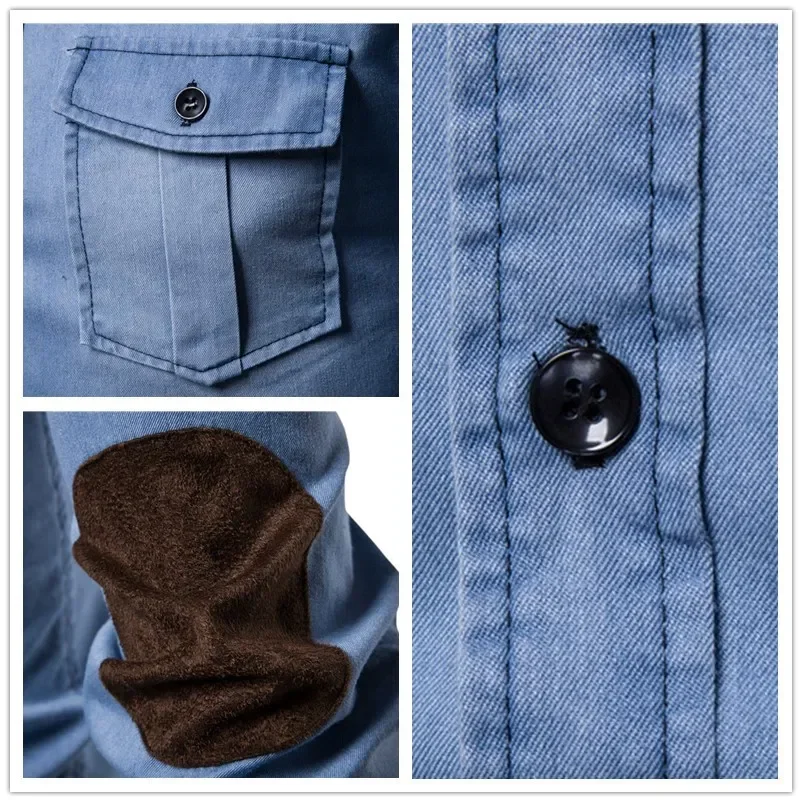 Denim Shirt Men Long Sleeve Casual Cotton Jeans Slim Suede Matching Solid Pocket Tops