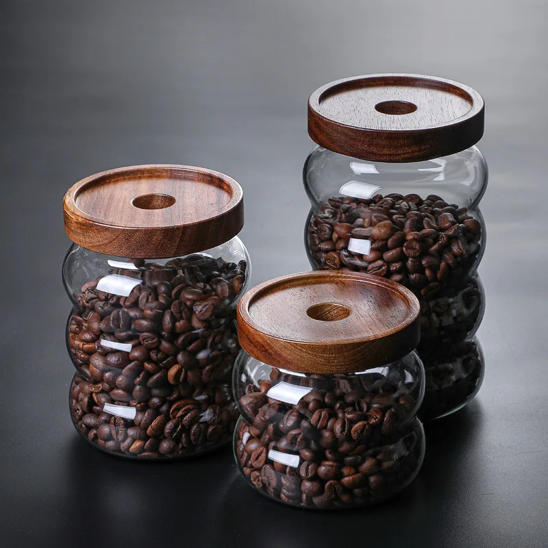 

Coffee Bean Grain Jar Transparent Storage Storage Jar Acacia Wood Cover Glass Storage Jar Food Coffee Bean Tea Sealed Jar