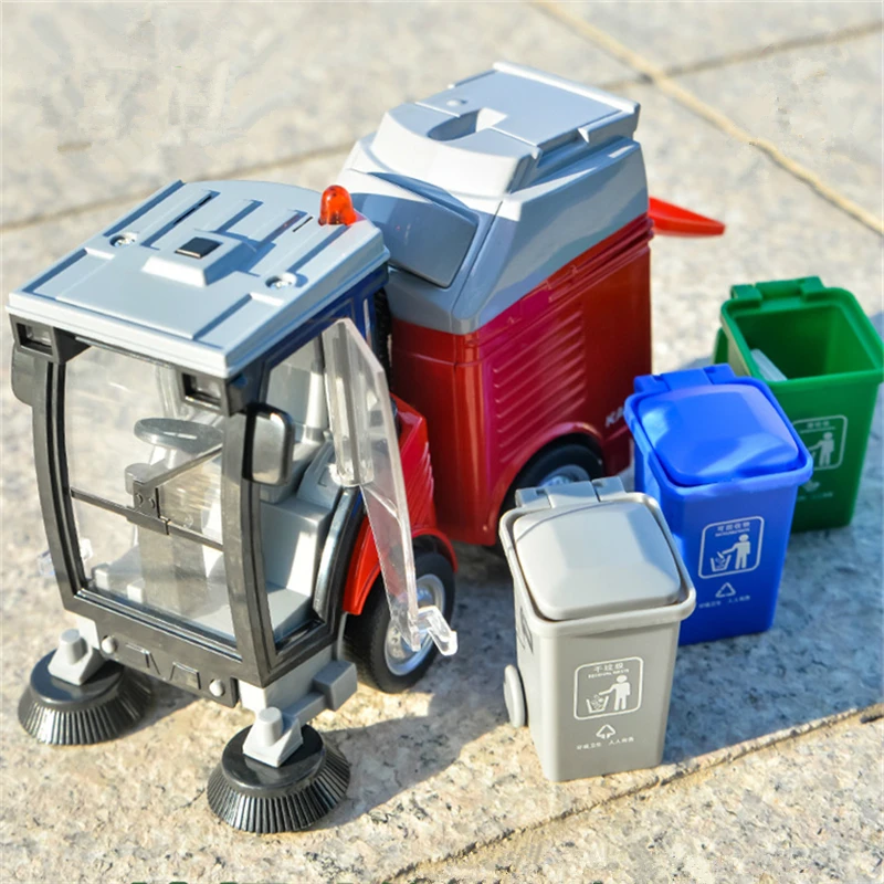 New Alloy Sweeper Model Diecast Road Cleaning Refuse Bin Classification Sanitation Vehicles Car Model Sound and Light Kids Gifts 2