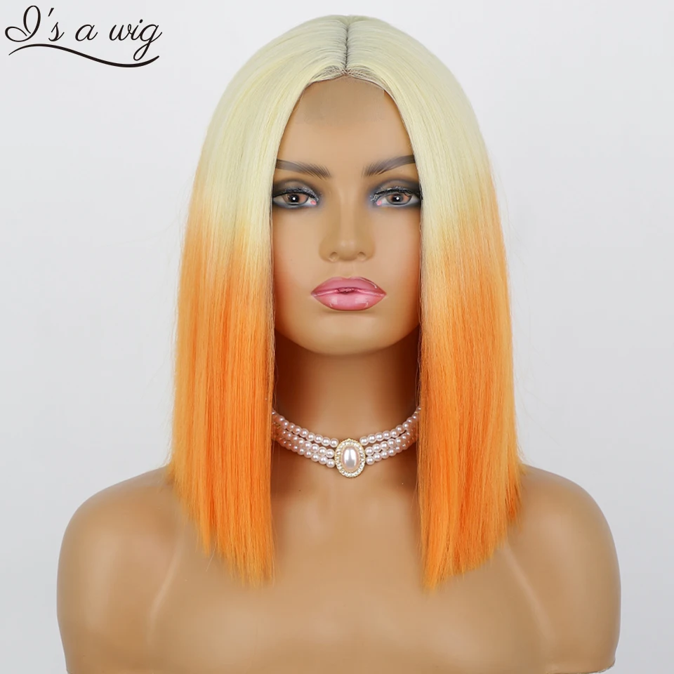 I's a wig Short Blonde Orange Cosplay Wigs Synthetic Wigs for Women Straight Bob Hair Middle Part Natural Blonde Pink Red Wigs