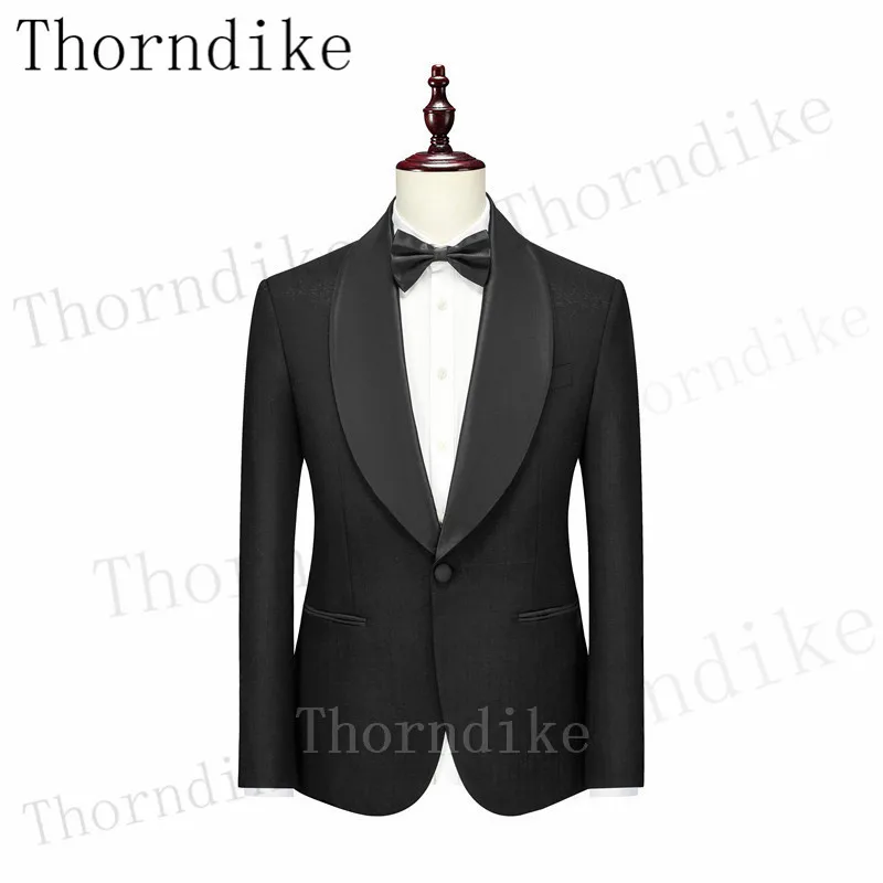 Thorndike Men Fashion Marrige Shawl Collar Striped Black Suits Jacket Trousers Male Business Casual Wedding Blazers Coat Pants