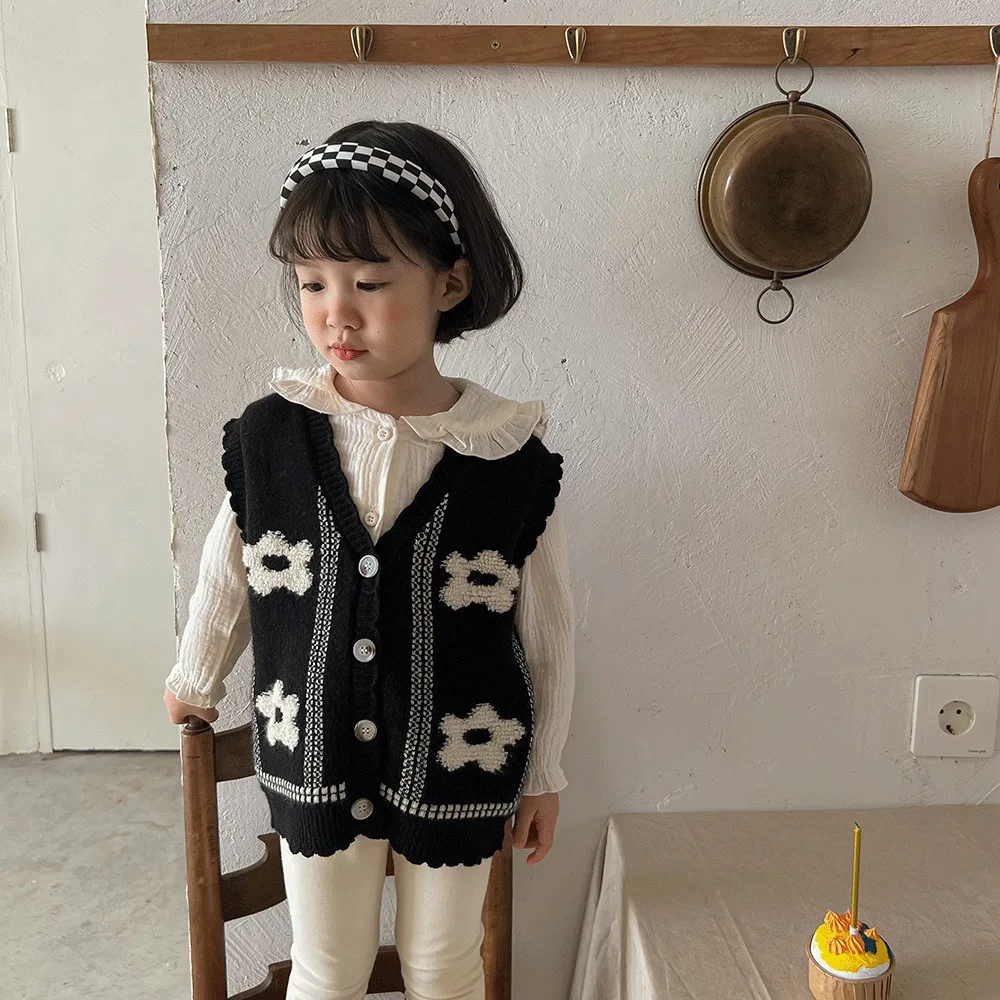 2022 Spring New Girls Knit Cardigan Vest Fashion Children Girls Flower Knitted Vest Jacket Kids Baby V-neck Sweater