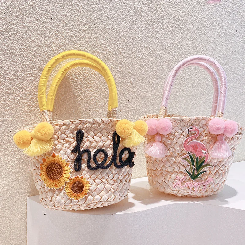 

Cute Summer Girls' Handbag Handmade Wheat Straw Woven Bag Handhold Carrying Bags Vacation Outting Holiday Seaside Beach Bag