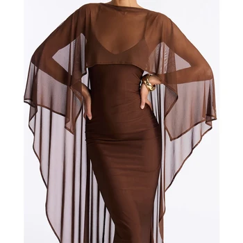 Women Coquette Chiffon Long Cape High Low Flowy Poncho Asymmetrical Sheer Mesh Shawl Wraps Capelets Bridal Wedding Evening Tops 1